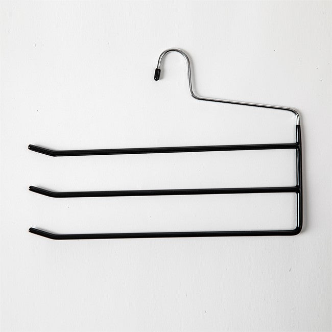 A black metal clothes hanger with three horizontal bars and a single hook, shown against a plain white background.