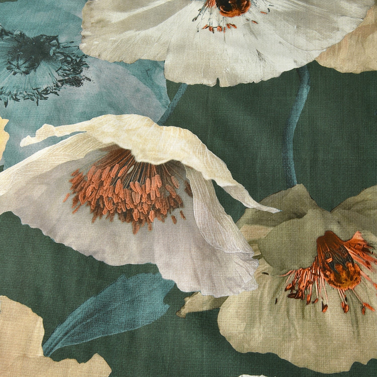 Close-up of floral pattern with large white flowers and orange centers on a dark green background.