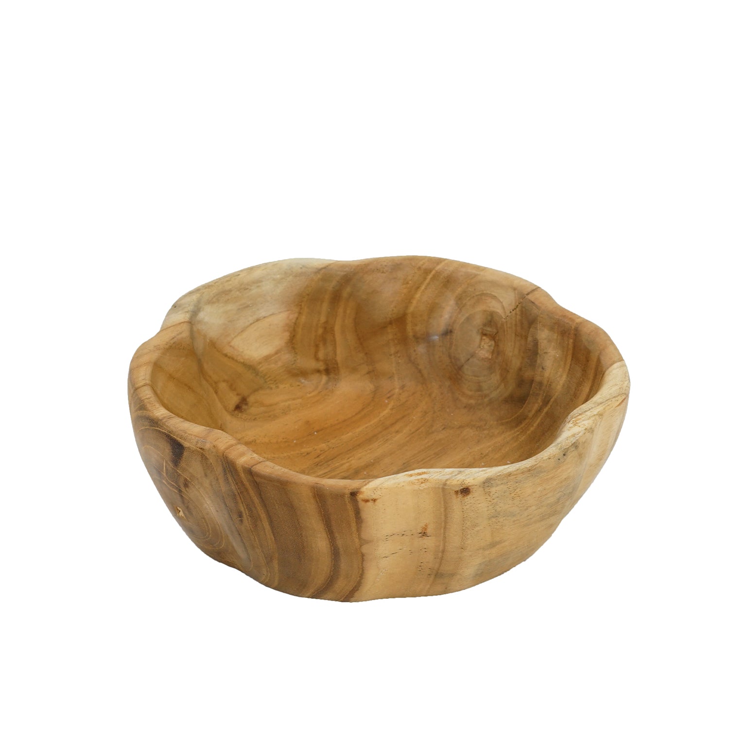 Cove Chalet Teak Wavy Bowl Small in natural wood featuring a rounded shape, irregular rim and visible wood grain.