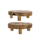 Cove Chalet Teak Tray Set of 2 in natural wood featuring round raised tops, short legs and organic grain variations.