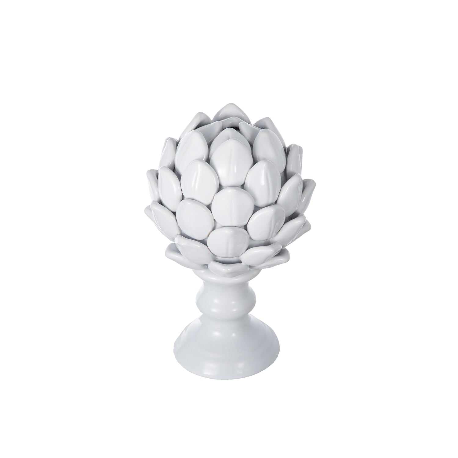 Design Republique Albinia Artichoke Small in white featuring layered glossy leaves on a pedestal base.