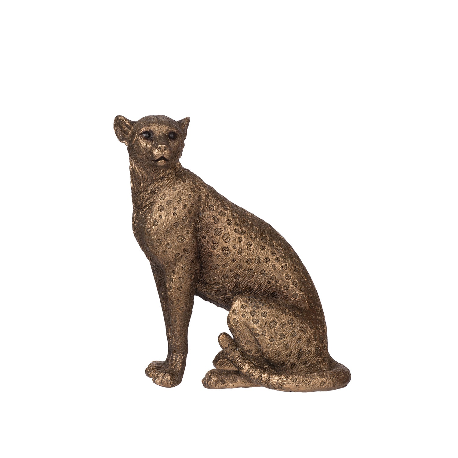 Seated Design Republique Copper Panther statue with detailed fur and spotted markings on a white background.