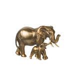 Gold Design Republique Elephant Statue featuring an adult elephant and calf with raised trunks on a white background.