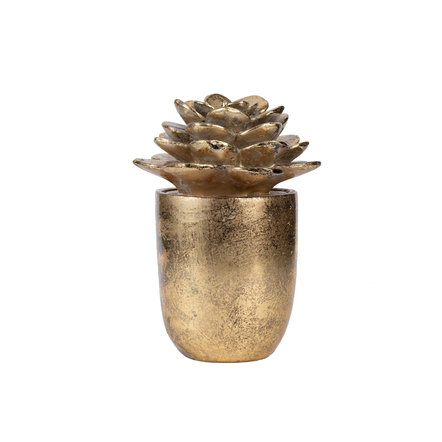 Gold Design Republique Succulent Figurine Décor with layered leaves and a textured pot on a white background.