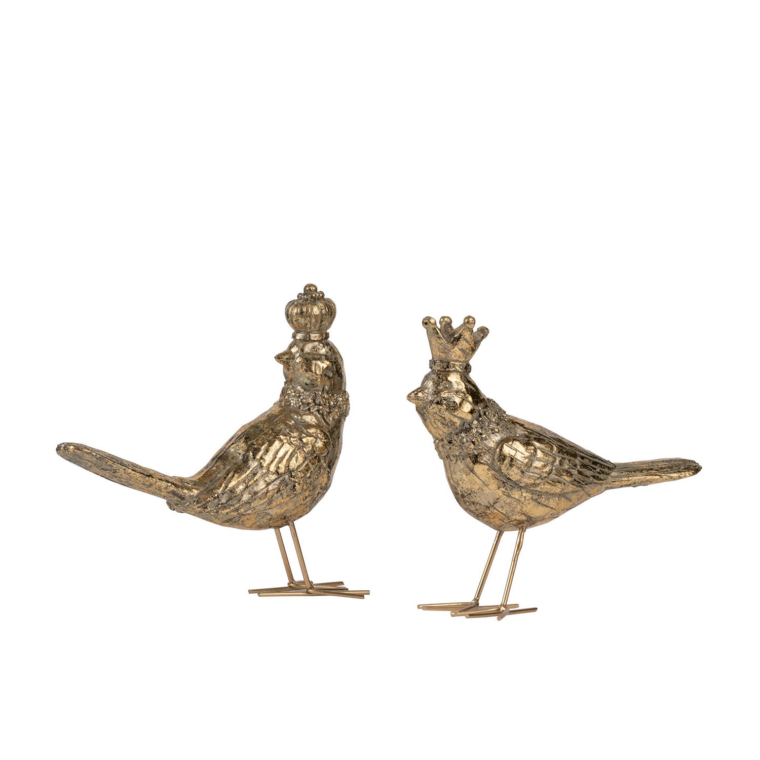 Pair of gold Design Republique Bird Accents with detailed feathers and decorative crowns on a white background.