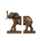 Two-piece Design Republique Elephant Bookends in bronze shown separated on a white background.
