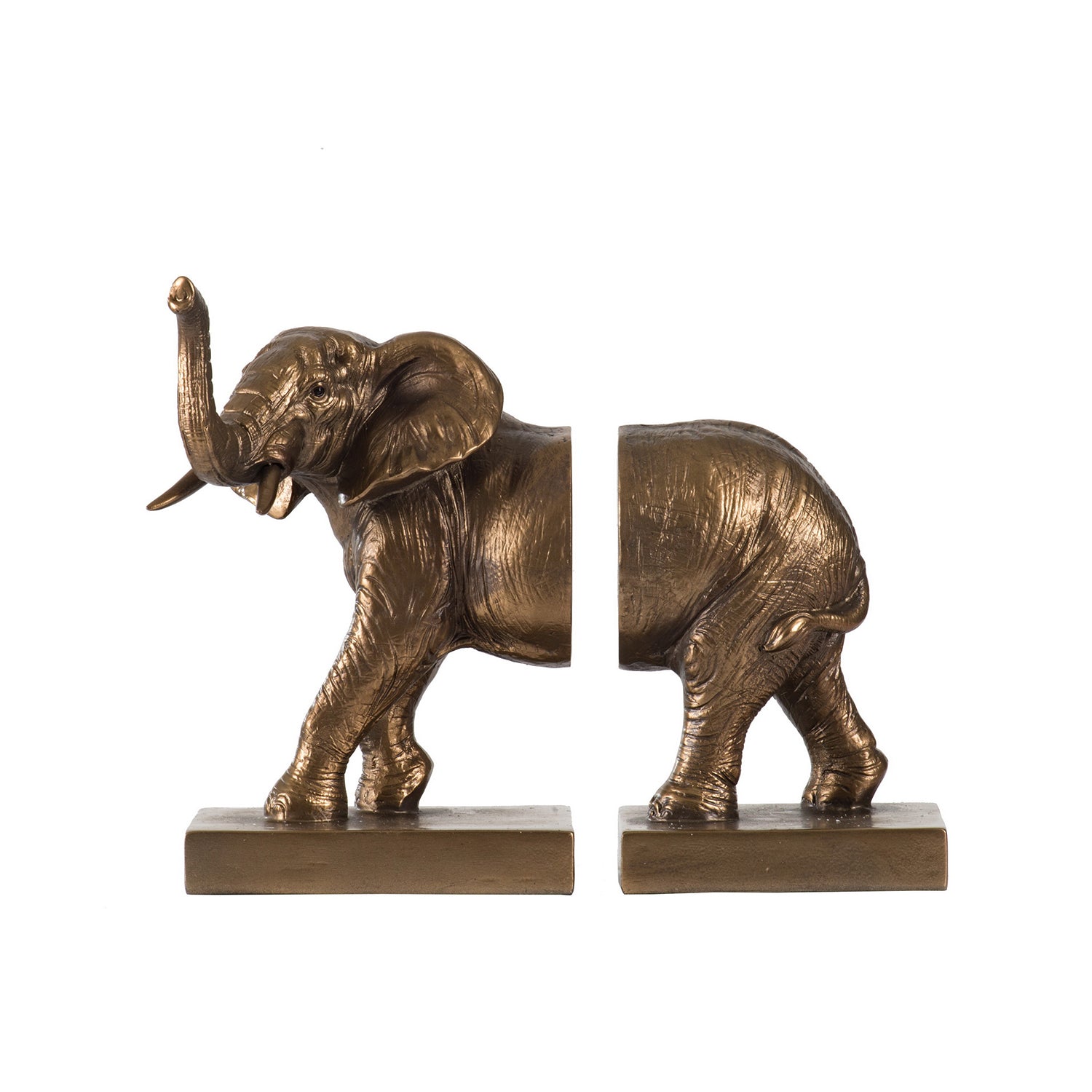 Two-piece Design Republique Elephant Bookends in bronze shown separated on a white background.