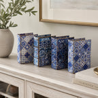 Gracious Living Briar Blue & White Book Boxes 4 Piece Set styled on a console table with decorative tile-inspired patterns.