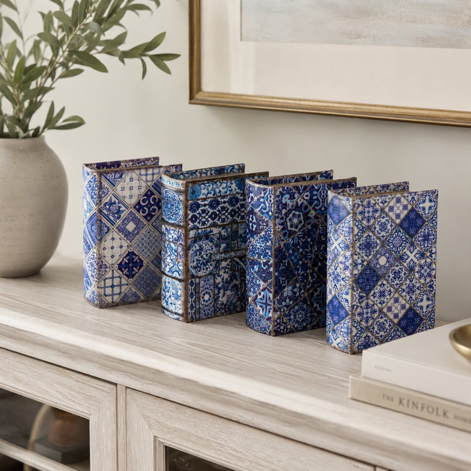 Gracious Living Briar Blue & White Book Boxes 4 Piece Set styled on a console table with decorative tile-inspired patterns.