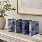 Gracious Living Briar Blue & White Book Boxes 4 Piece Set styled on a console table with decorative tile-inspired patterns.