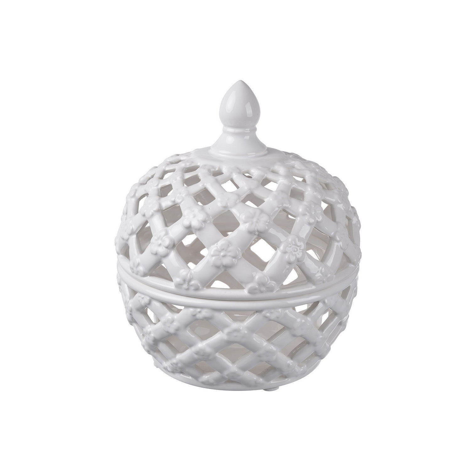 Gracious Living Ascot Braid Ceramic Jar with Lid featuring a glossy white lattice design and rounded shape.