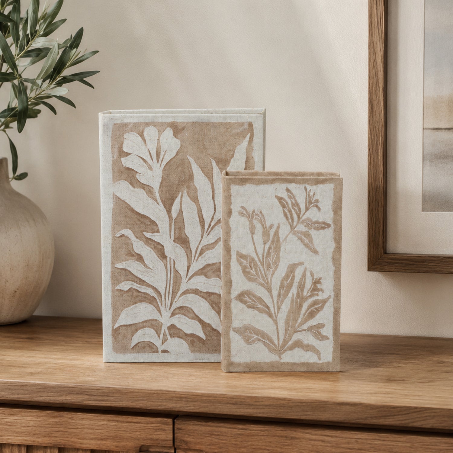 Gracious Living Gina Book Box Set of 2 in natural tones, styled on a wooden console with soft leaf artwork.