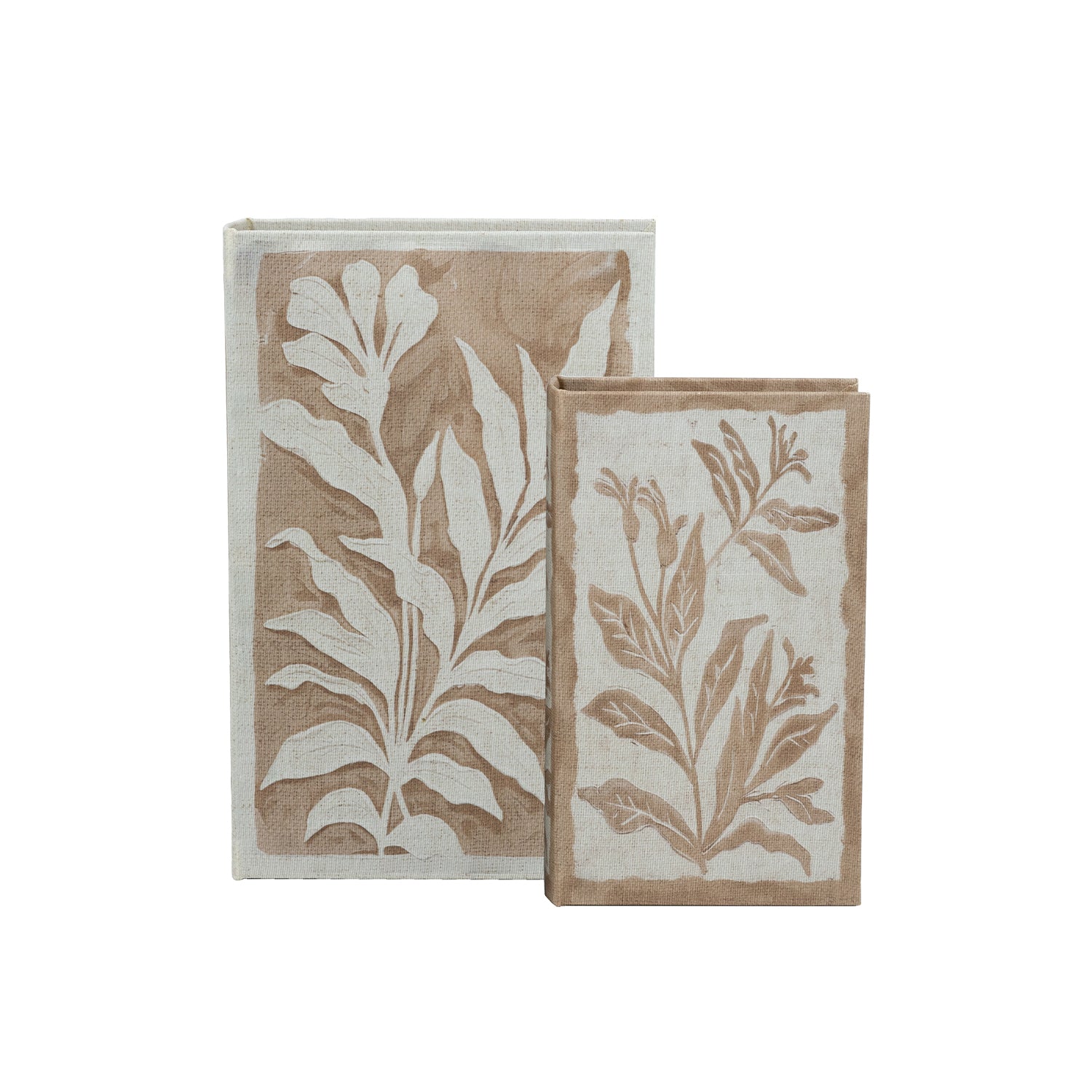 Gracious Living Gina Book Box Set of 2 featuring neutral fabric-look covers with white botanical designs.