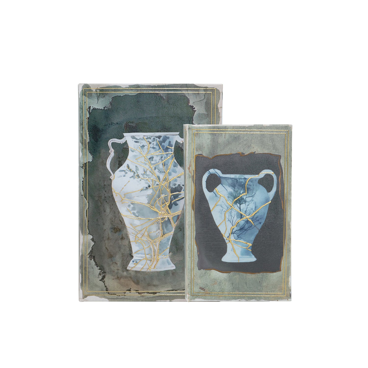 Gracious Living Franco Book Box Set of 2 featuring blue-toned vase artwork with gold line detailing.