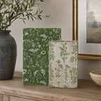 Gracious Living Gina Book Box Set of 2 in green and natural, styled on a console with botanical printed covers.