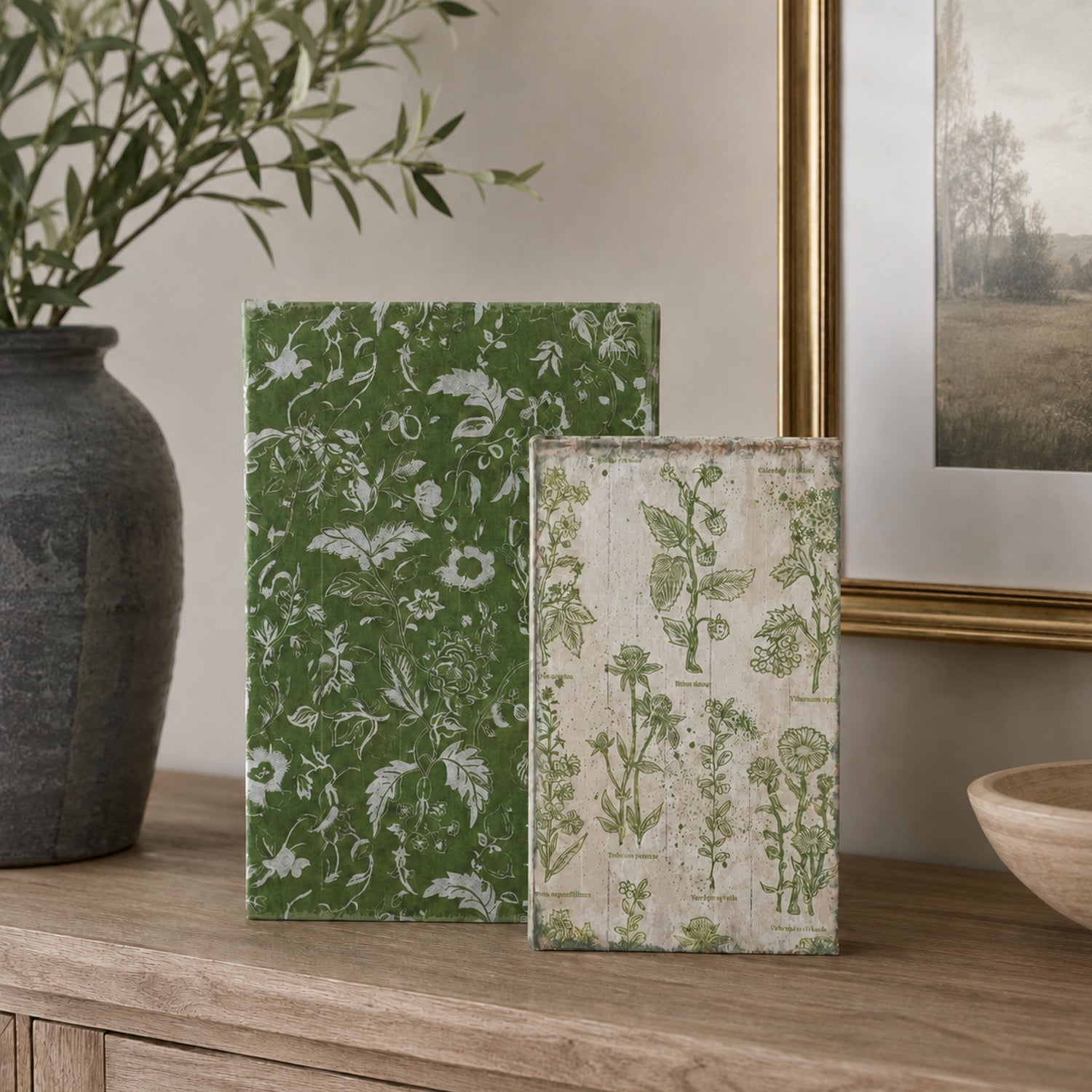Gracious Living Gina Book Box Set of 2 in green and natural, styled on a console with botanical printed covers.