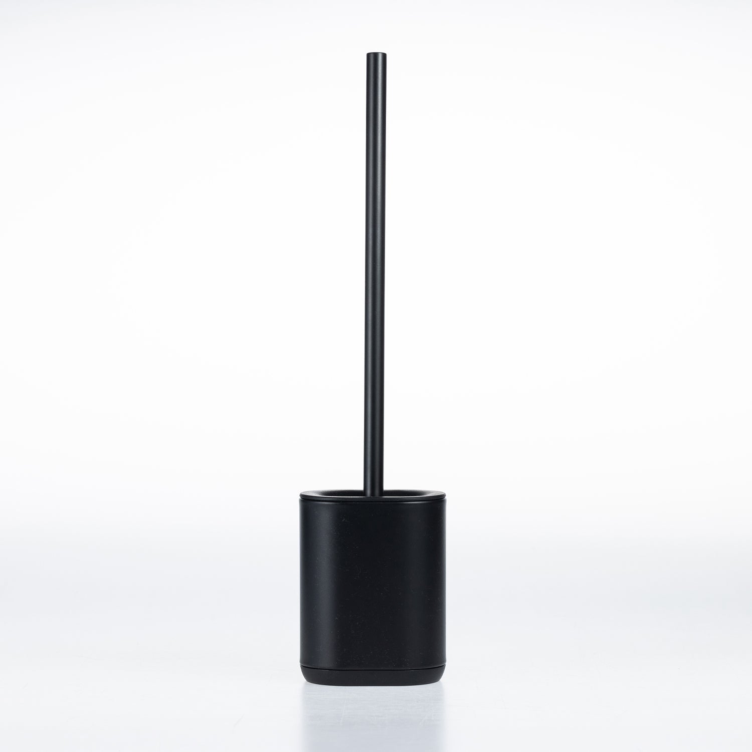 A minimalist black toilet brush with a slim handle and a matte cylindrical base, shown on a clean white background.