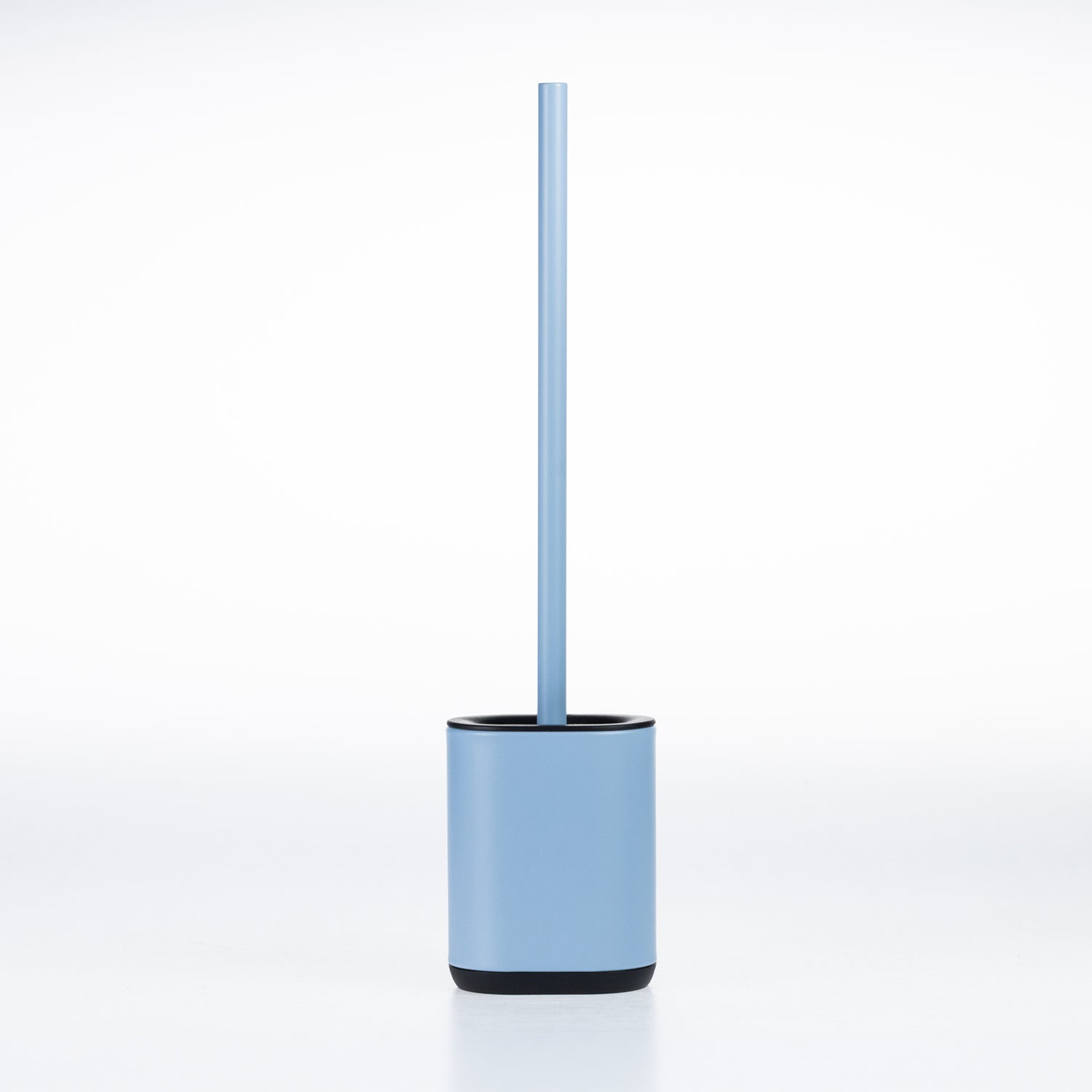 A denim blue toilet brush with a matching cylindrical holder and black base, shown on a clean white background.
