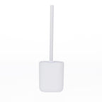 A minimalist white toilet brush with a matching white cylindrical holder and upright handle, shown on a seamless white background.