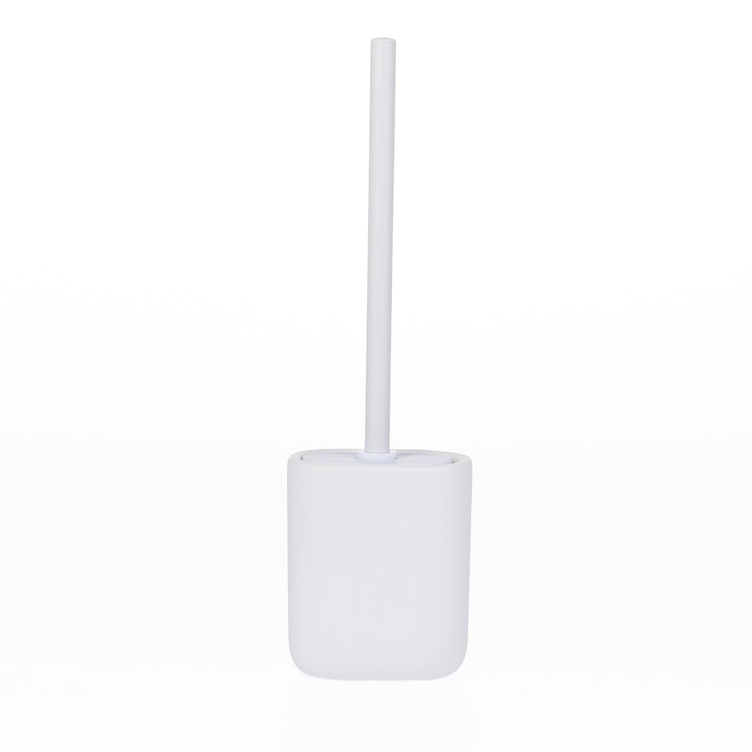 A minimalist white toilet brush with a matching white cylindrical holder and upright handle, shown on a seamless white background.