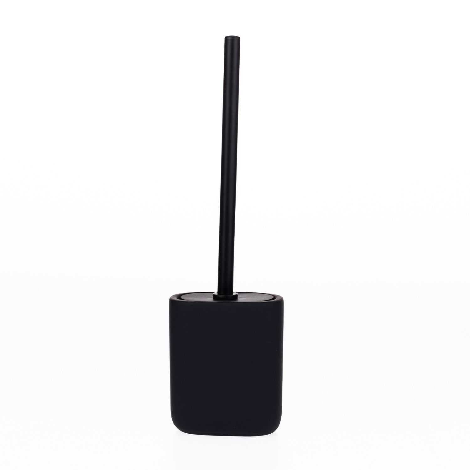 A black toilet brush with a matching cylindrical holder, shown on a clean white background.