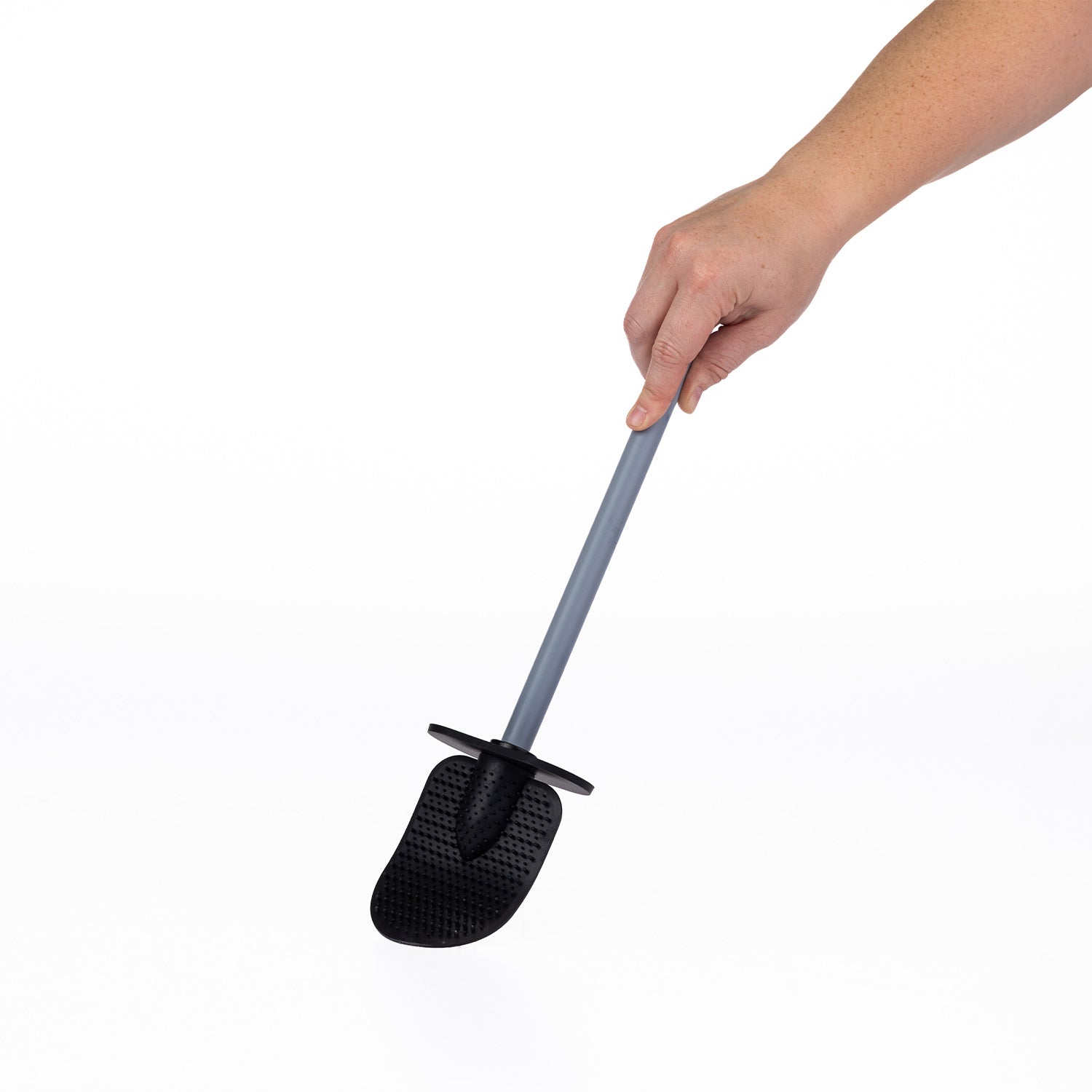 A hand holding a long-handled cleaning toilet brush with a black textured scrubber head and a slate handle, shown against a plain white background.