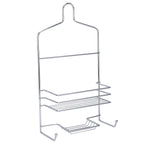 A chrome over-shower caddy with two storage shelves, integrated hooks, and a soap holder provides convenient, space-saving organisation for your shower essentials.