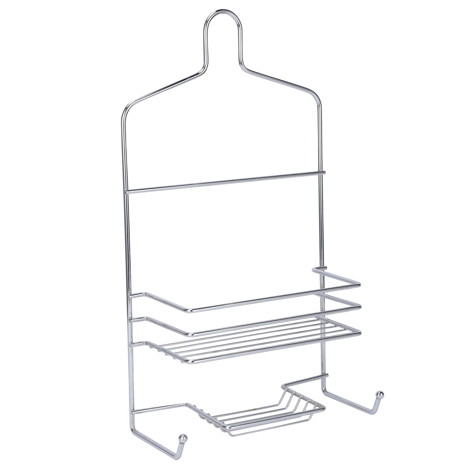 A chrome over-shower caddy with two storage shelves, integrated hooks, and a soap holder provides convenient, space-saving organisation for your shower essentials.