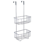 A two-tier chrome wire over-the-door storage basket with a top hook and bottom clip, shown against a plain white background.