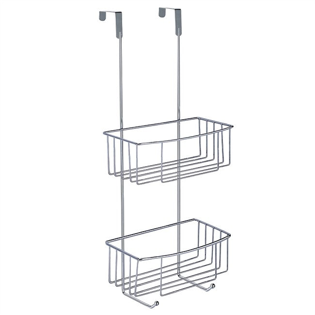 A two-tier chrome wire over-the-door storage basket with a top hook and bottom clip, shown against a plain white background.