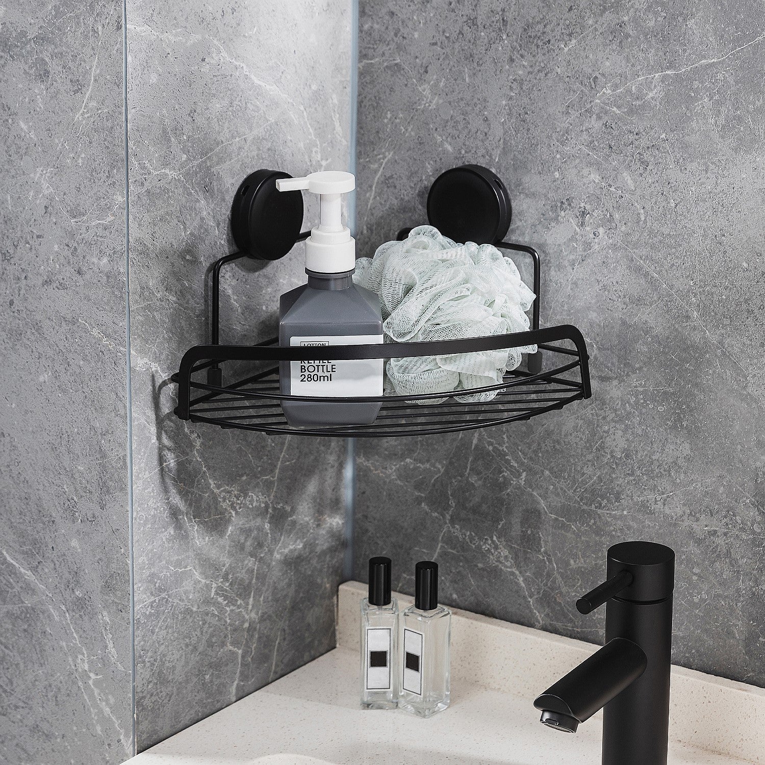 New & Improved Home Essentials Twist & Lock Corner Shower Caddy