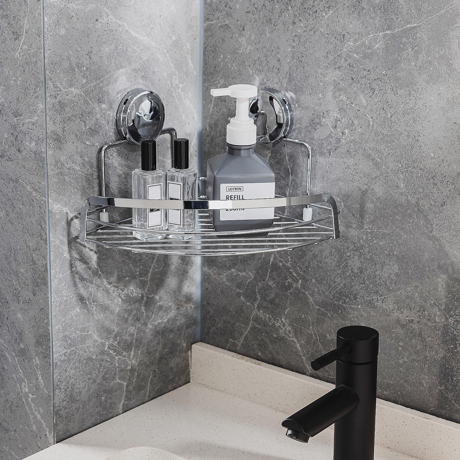 New & Improved Home Essentials Twist & Lock Corner Shower Caddy