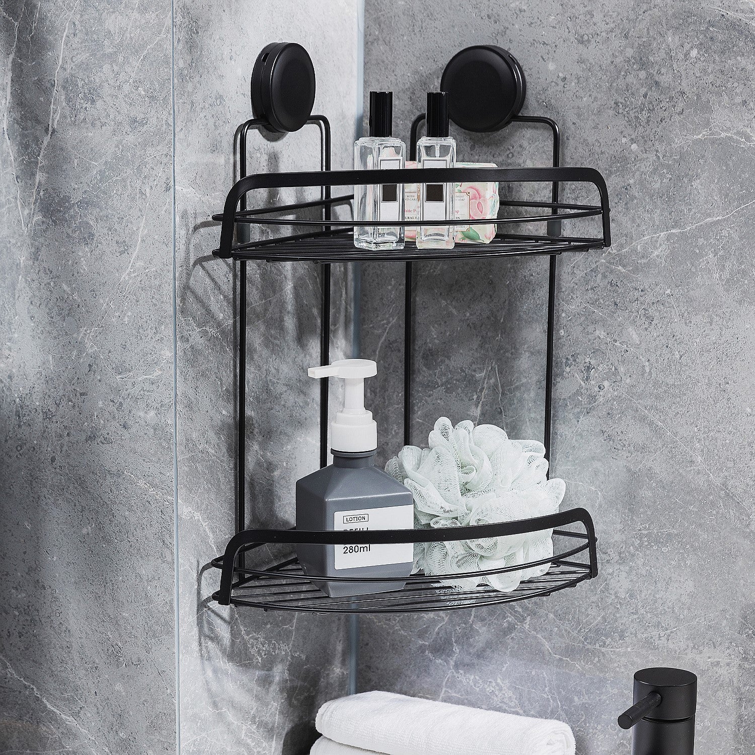 New & Improved Home Essentials Twist & Lock Double Shelf Corner Shower Caddy