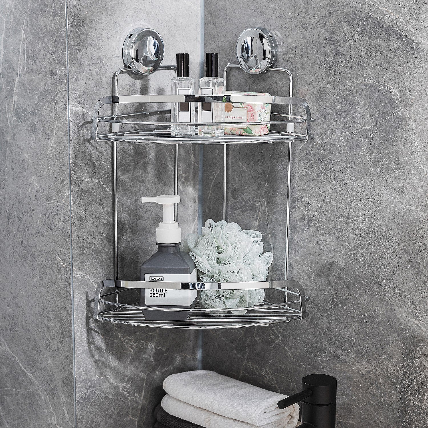 New & Improved Home Essentials Twist & Lock Double Shelf Corner Shower Caddy