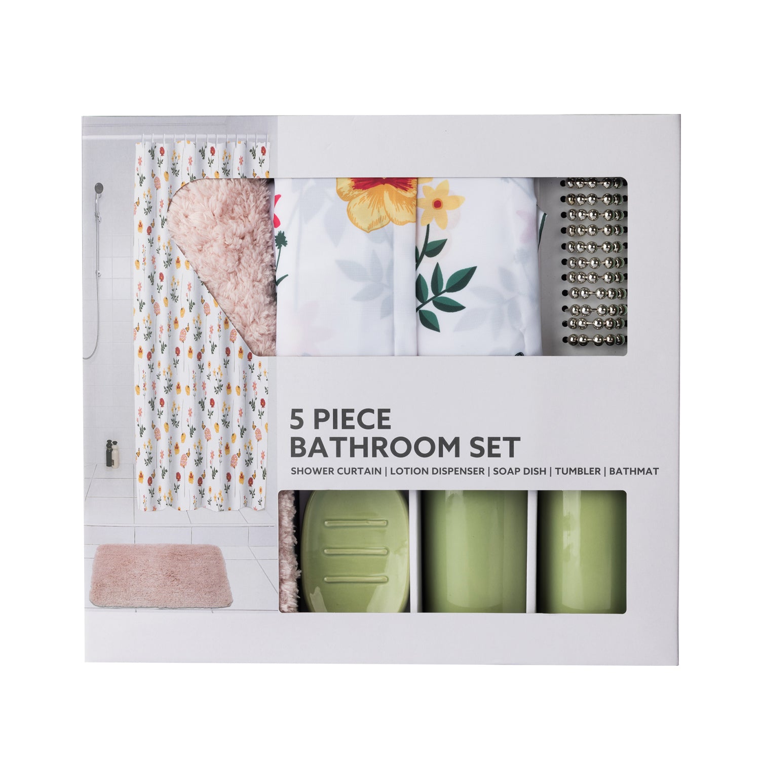 Packaged Home Co. Saskia five-piece bathroom set displayed in a white retail box with a clear window showing the floral shower curtain, blush pink bathmat, sage green soap dispenser, tumbler, soap dish, and silver shower rings.