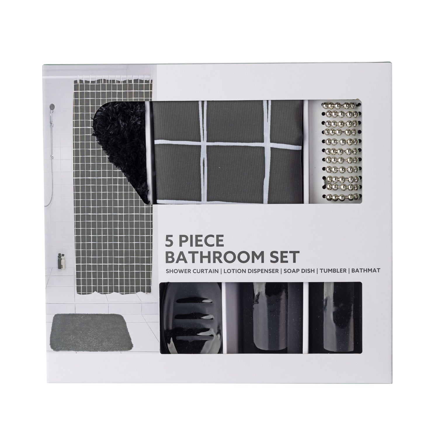 Packaged Home Co. Jake five-piece black bathroom set displayed in a white retail box with a clear window showing the shower curtain, bathmat, soap dispenser, tumbler, soap dish, and silver shower rings.