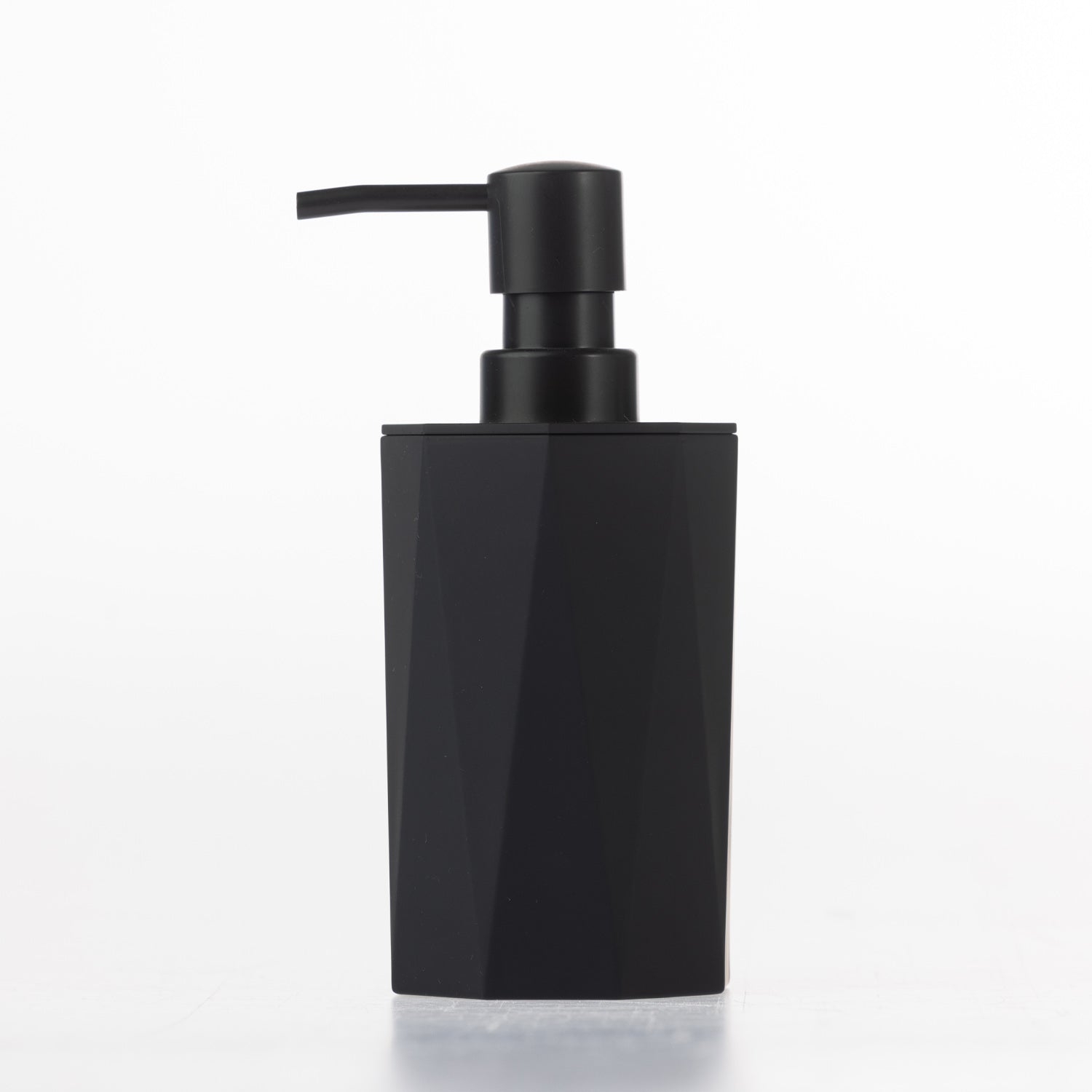 Home Essentials Gabriel Origami black soap dispenser with a matte black pump and natural bamboo accent.