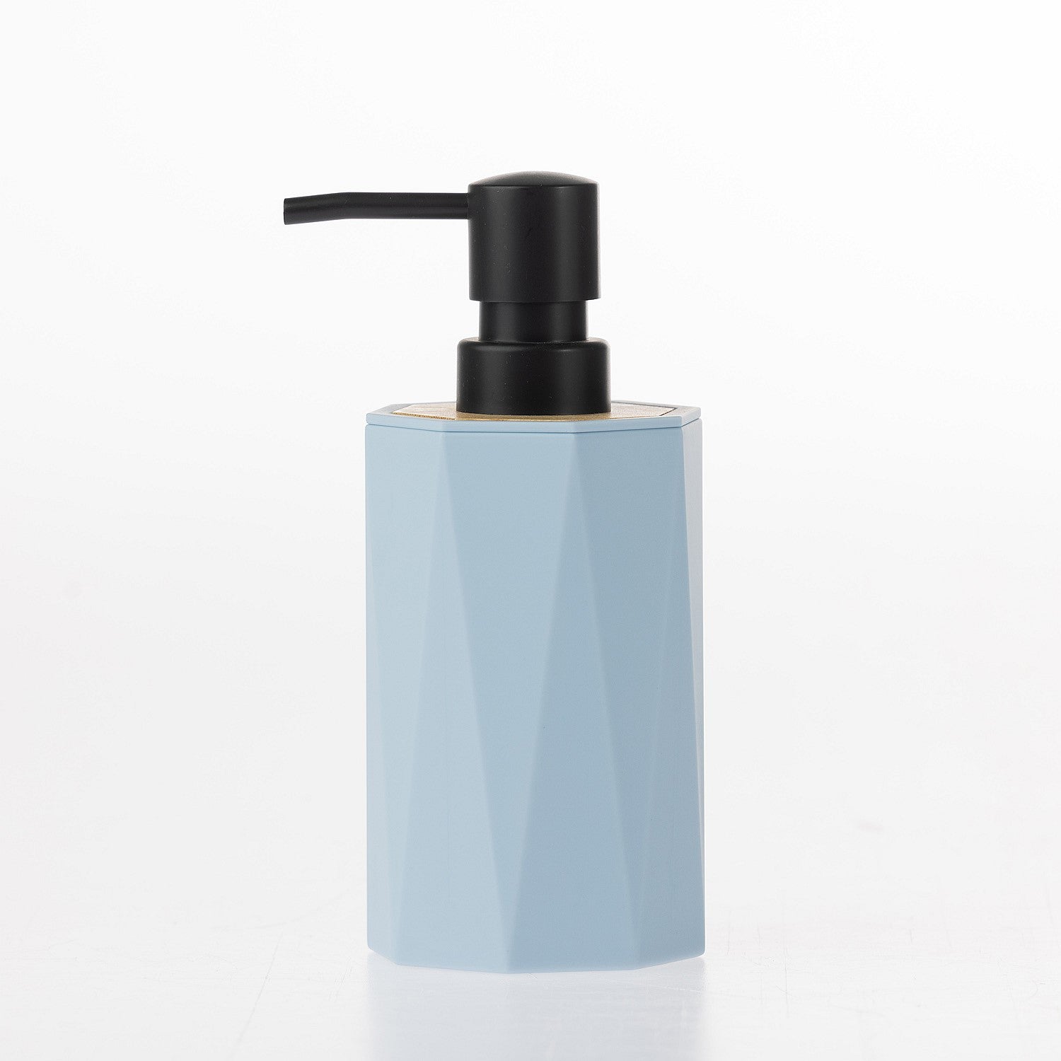 Home Essentials Gabriel Origami blue soap dispenser with a matte black pump and natural bamboo accent.