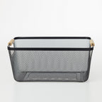 Home Essentials Cassius large black metal mesh storage basket with natural wooden handles.