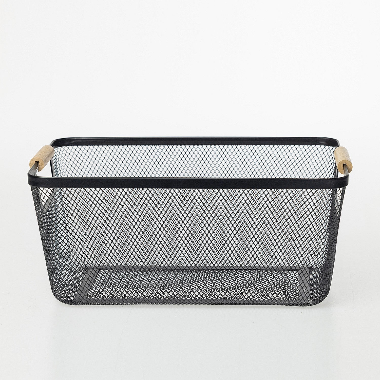 Home Essentials Cassius large black metal mesh storage basket with natural wooden handles.