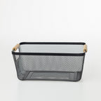Home Essentials Cassius medium black metal mesh storage basket with natural wooden handles.
