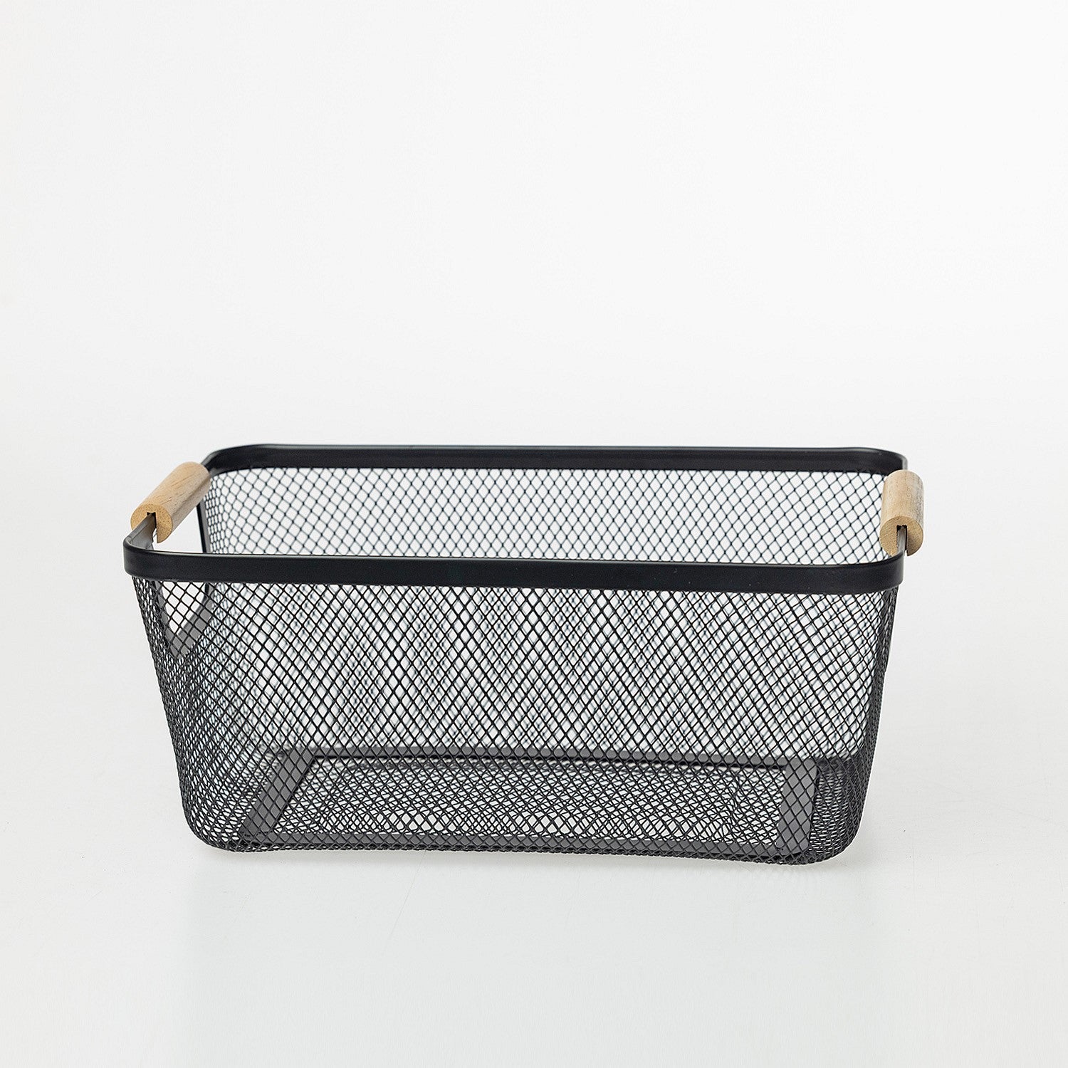 Home Essentials Cassius medium black metal mesh storage basket with natural wooden handles.