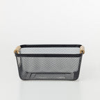 Home Essentials Cassius Small black metal mesh storage basket with natural wooden handles.
