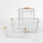 Home Essentials Cassius white metal mesh storage basket collection with small, medium and large baskets, featuring natural wooden handles.