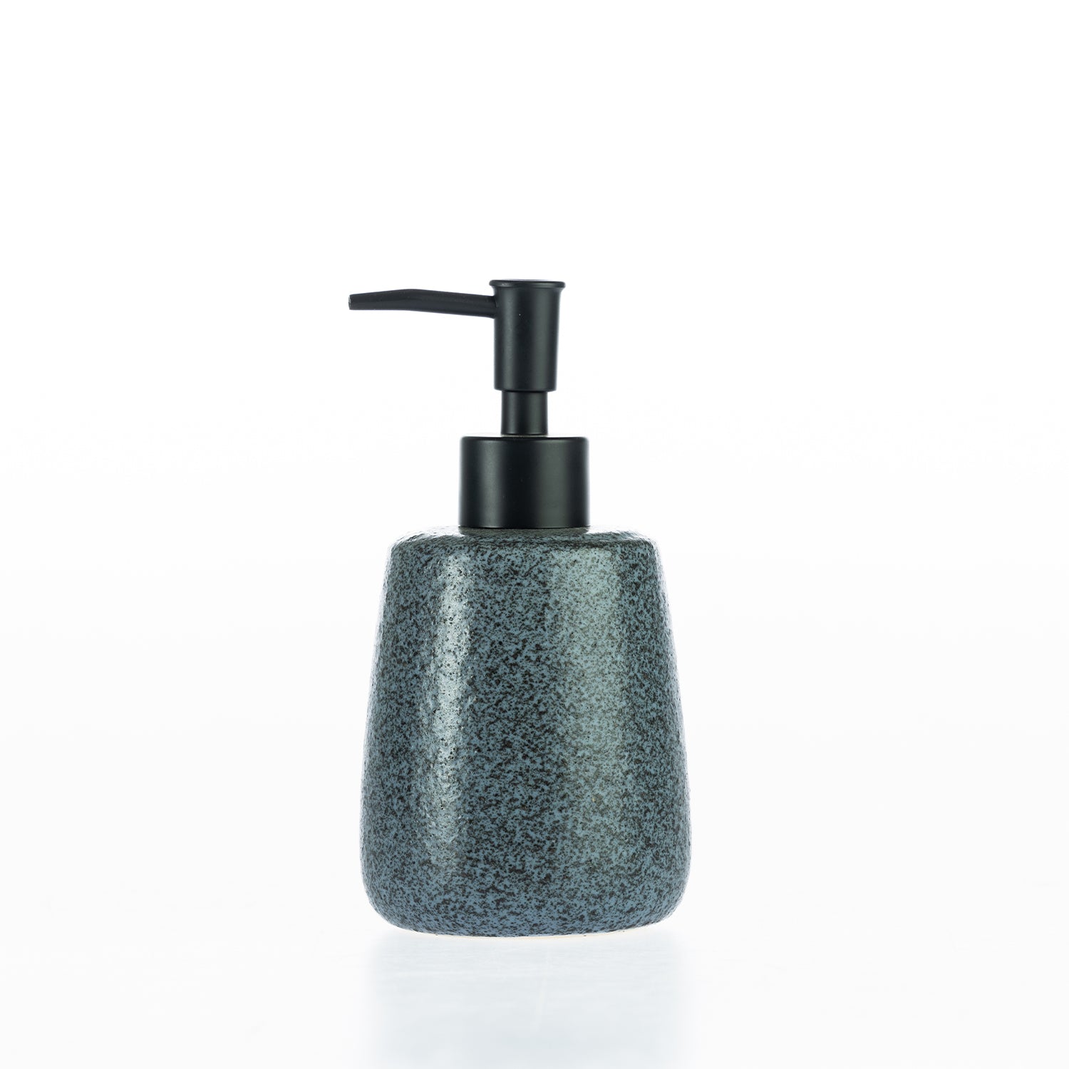 Charcoal speckled bathroom soap dispenser with a rounded stoneware-style body and matte black pump, designed for dispensing hand soap, lotion, or sanitiser.

