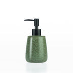 Green speckled bathroom soap dispenser with a rounded stoneware-style body and matte black pump, designed for dispensing hand soap, lotion, or sanitiser.
