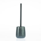 Charcoal speckled toilet brush holder with a rounded stoneware-style base and sleek black handle.
