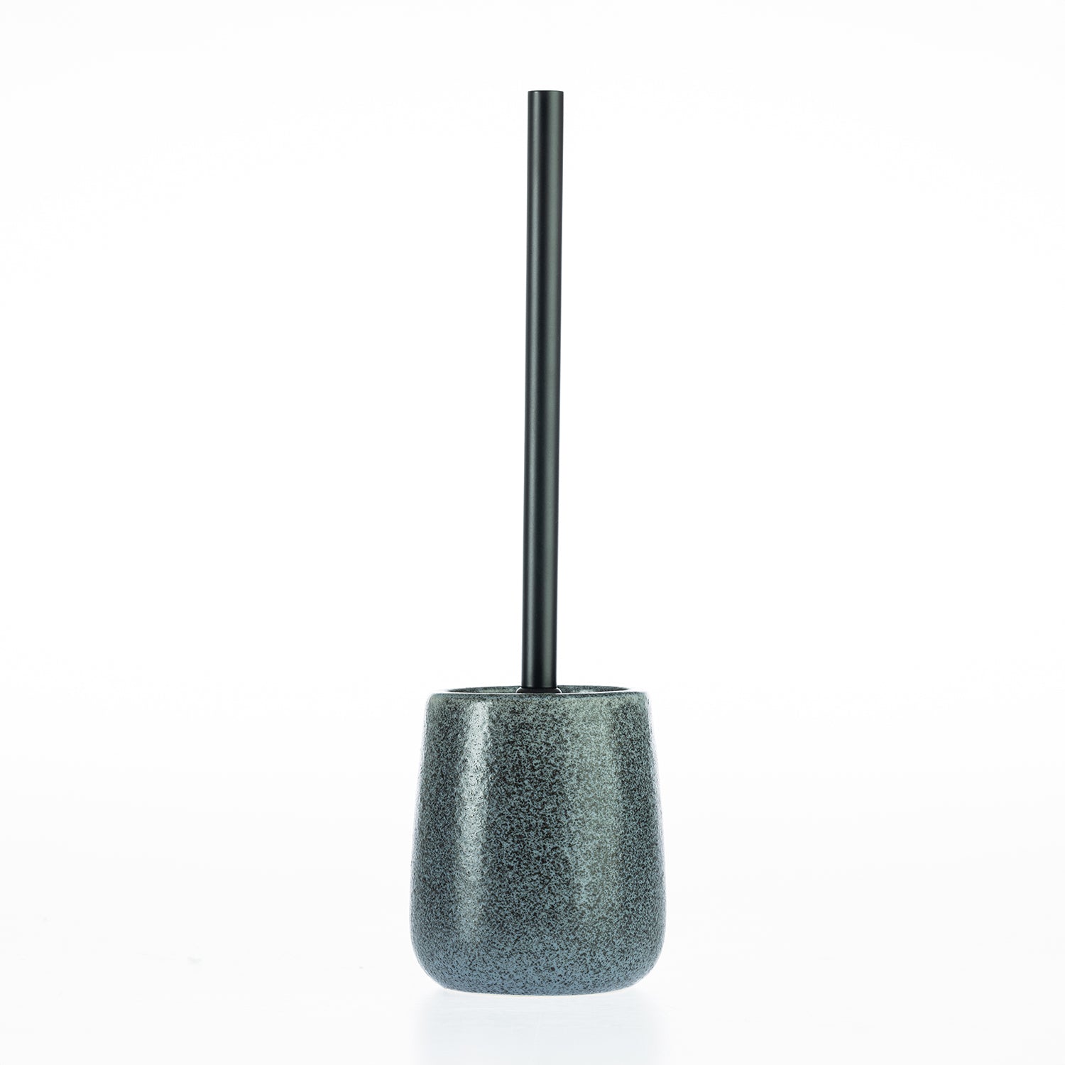 Charcoal speckled toilet brush holder with a rounded stoneware-style base and sleek black handle.