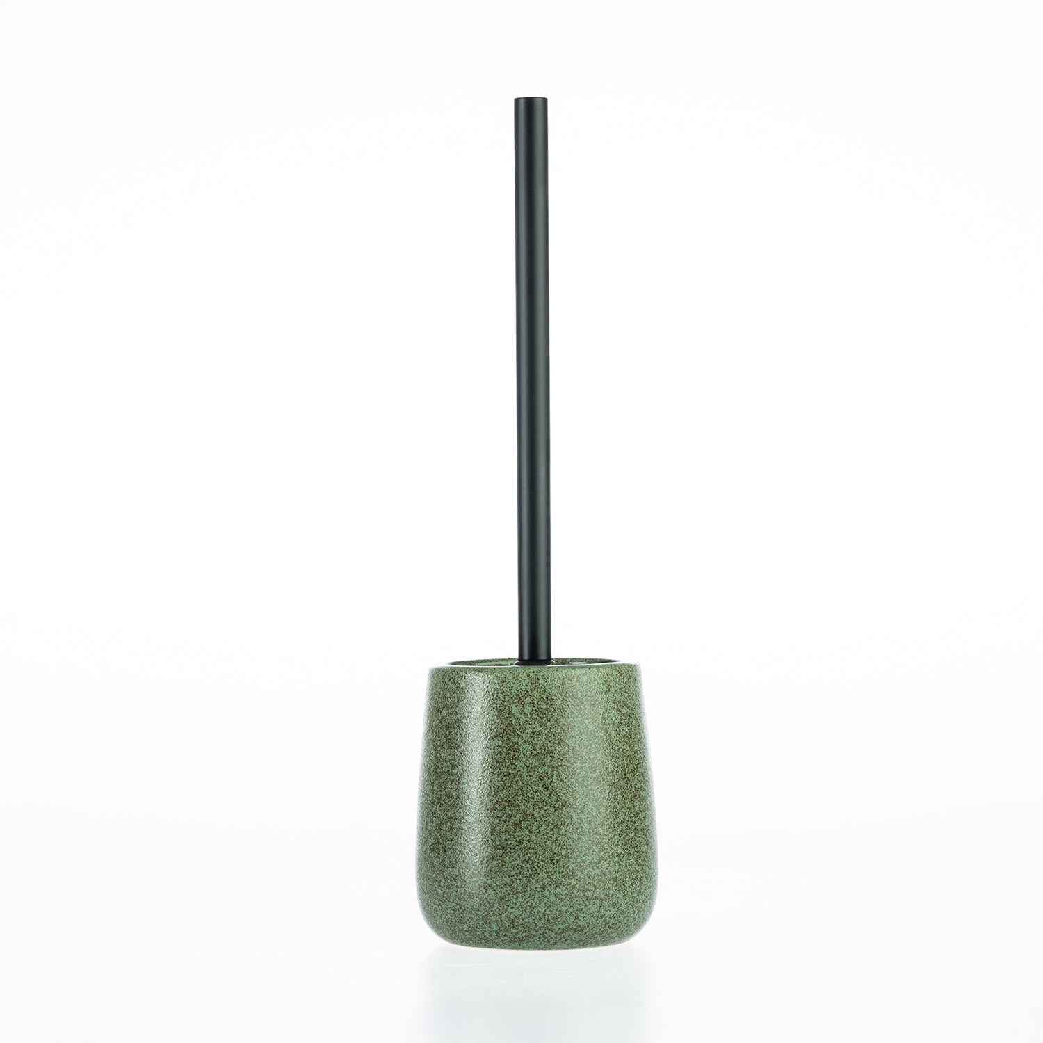 Green speckled toilet brush holder with a rounded stoneware-style base and sleek black handle.