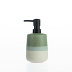 Design Republique Kaikoura Fade soap dispenser crafted from stoneware with a speckled reactive glaze, layered green and cream finish, and black pump dispenser.